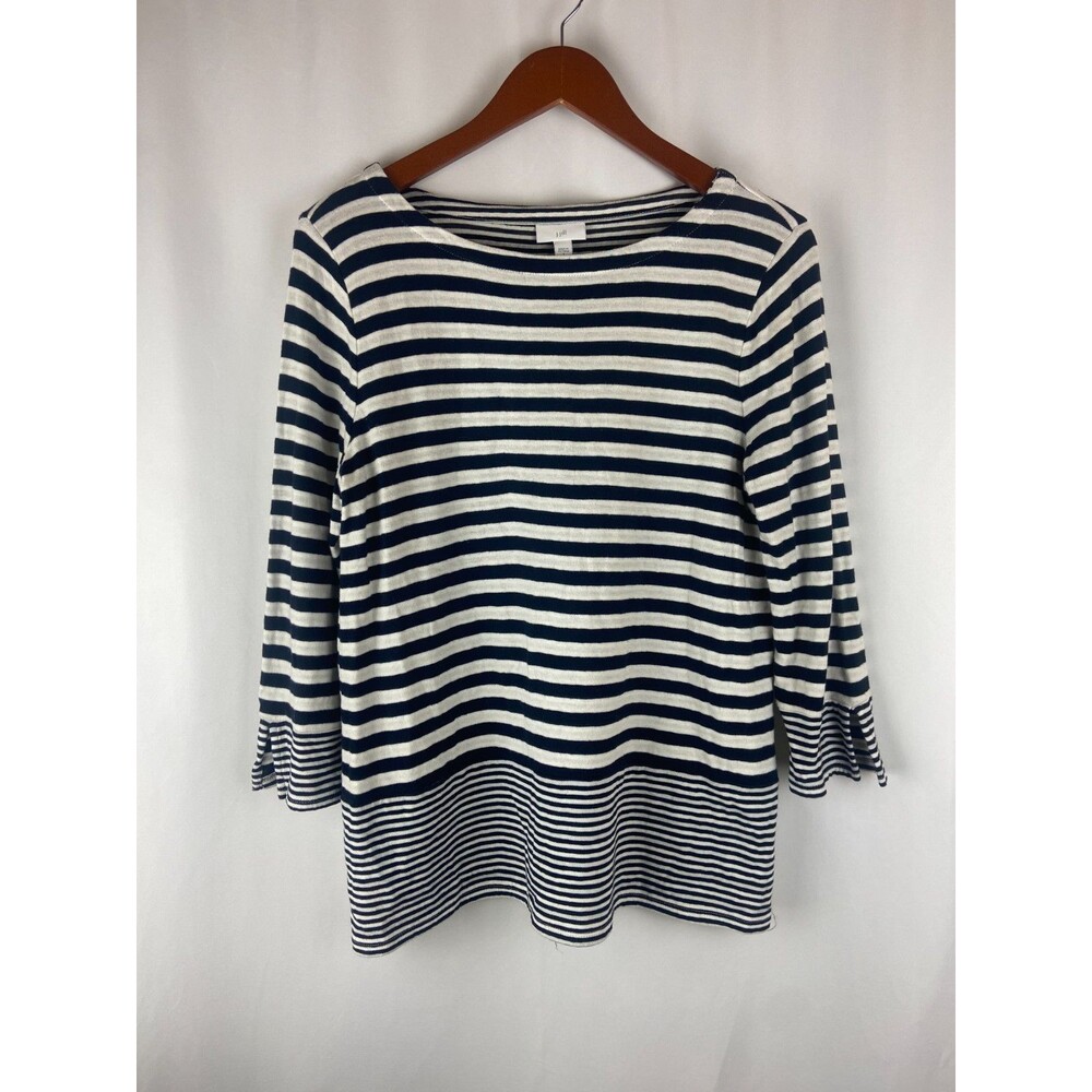 J. Jill Women's Small Navy Blue Striped Knit Sweater Nautical 3/4 Sleeves Classy